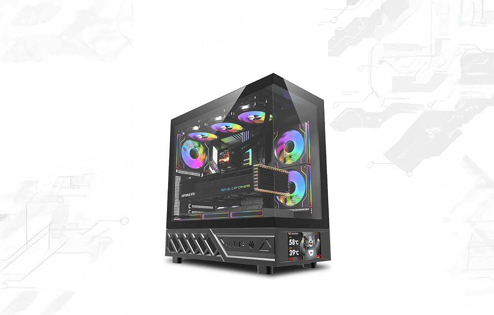 Obudowa DARKFLASH DS950V Czarny, panoramiczna obudowa, ekran IPS, 270°, RGB, Dolna część obudowy z ekranem i portami USB.