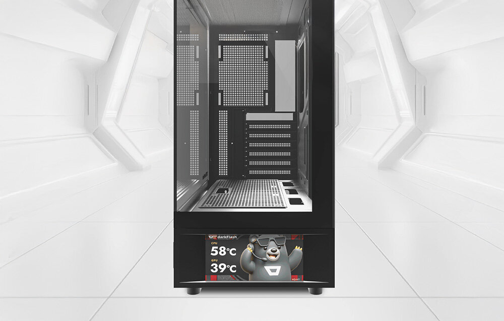 Obudowa DARKFLASH DS950V Czarny, szkło hartowane, 270°, wnętrze, podświetlenie, Dolna część obudowy z ekranem i portami USB.