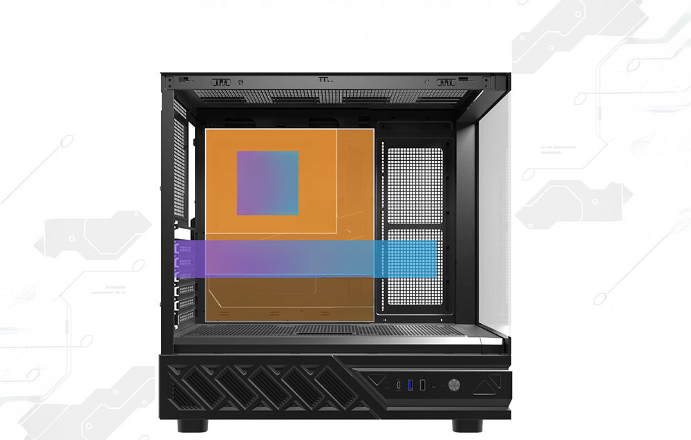 Obudowa DARKFLASH DS950V Czarny, GPU 400 mm, CPU 180 mm, SSD, HDD, Miejsca montażu podzespołów wewnątrz obudowy.