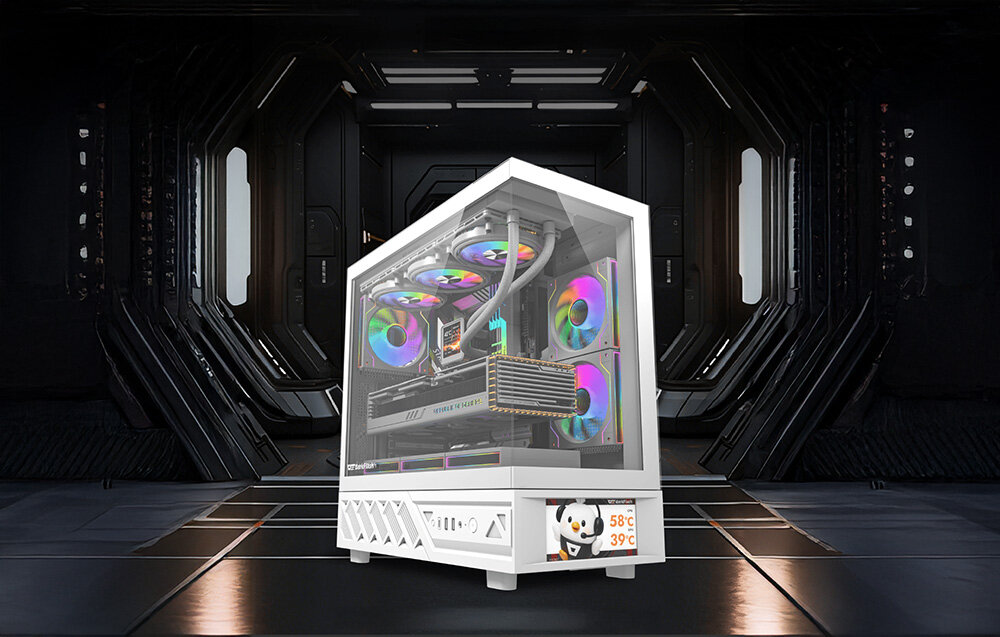 Obudowa DARKFLASH DS950V Biały, obudowa PC, gaming, design, komputer, Komputer w ciemnym, futurystycznym pomieszczeniu.