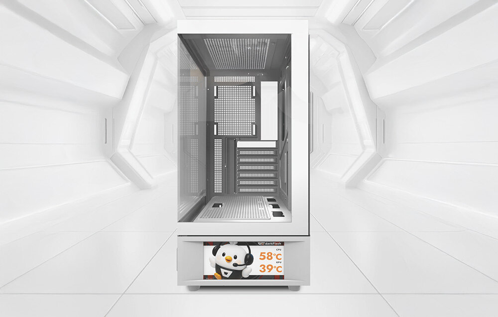 Obudowa DARKFLASH DS950V Biały, szkło hartowane, 270°, wnętrze, podświetlenie, Dolna część obudowy z ekranem i portami USB.