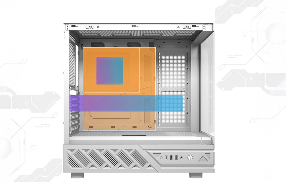 Obudowa DARKFLASH DS950V Biały, GPU 400 mm, CPU 180 mm, SSD, HDD, Miejsca montażu podzespołów wewnątrz obudowy.