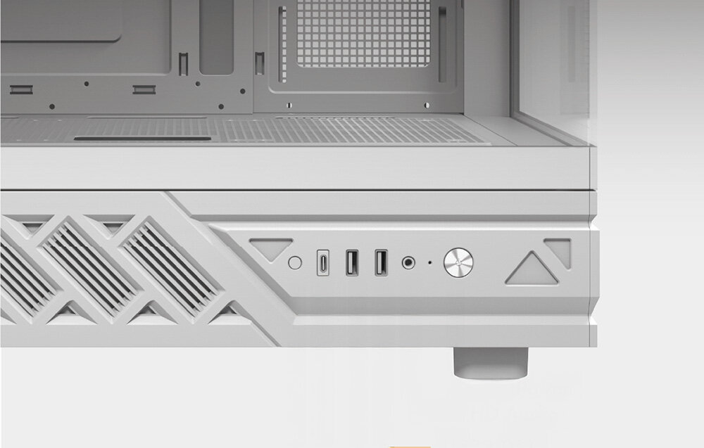 Obudowa DARKFLASH DS950V Biały, USB-C, USB 3.0, USB 2.0, audio, Zbliżenie na dolny panel z portami i przyciskiem.