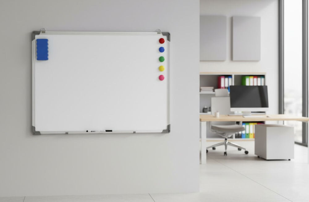Tablica magnetyczna EXTRALINK EX.35403 prezentacja tablicy na jasnej ścianie w biurze w tle biurko z fotelem
