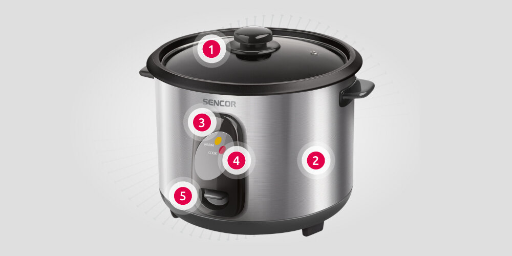 Ryżowar SENCOR SRM 1550SS prosto wygodnie komfort pokrywka uchwyt otwór wyjmowane naczynie Kontrolka świetlna KEEP WARM Kontrolka świetlna COOK Przełącznik trybów