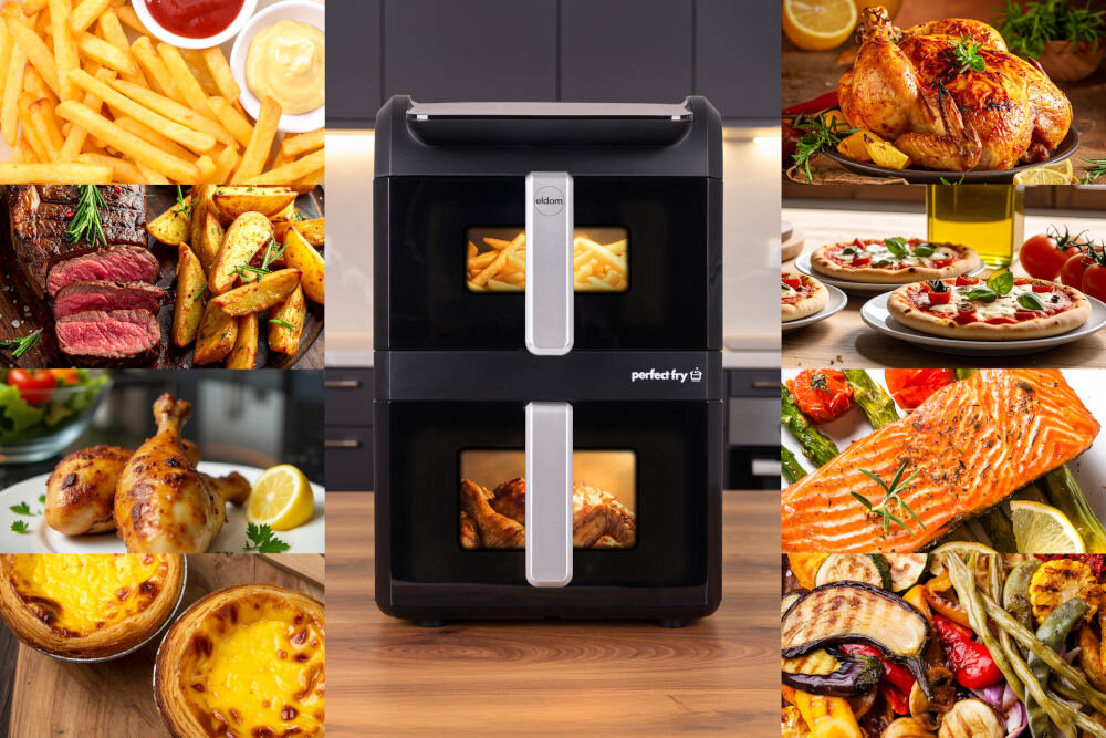 Air Fryer Frytkownica beztłuszczowa ELDOM FR300 10l z okienkiem do obserwacji postępów zdjęcie lifestyle Dwa dania jednocześnie Dwie niezależne szuflady jednocześnie frytki i mięso, warzywa i rybę lub przekąski dla kilku osób smak i aromat