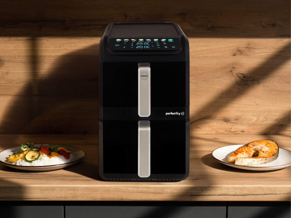 Air Fryer Frytkownica beztłuszczowa ELDOM FR300 10l z okienkiem do obserwacji postępów zdjęcie lifestyle Pionowa konstrukcja Pionowy układ obie komory rozdzielenie składników