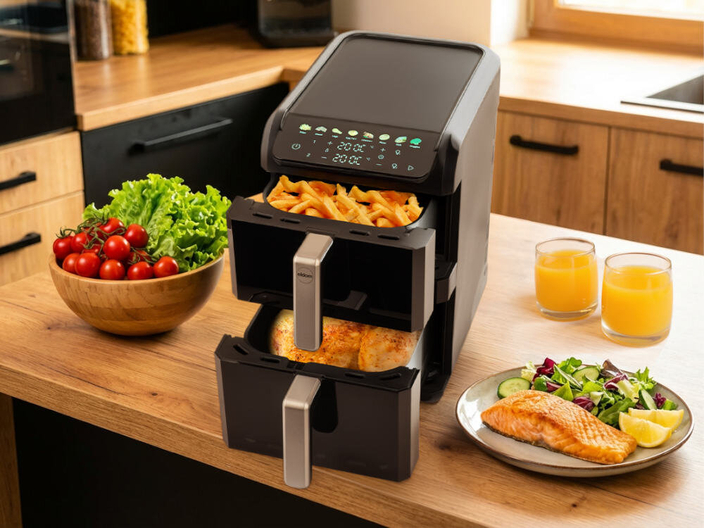 Air Fryer Frytkownica beztłuszczowa ELDOM FR300 10l z okienkiem do obserwacji postępów zdjęcie lifestyle Synchronizacja pracy Funkcja synchronizacji dopasowuje czas działania obu szuflad