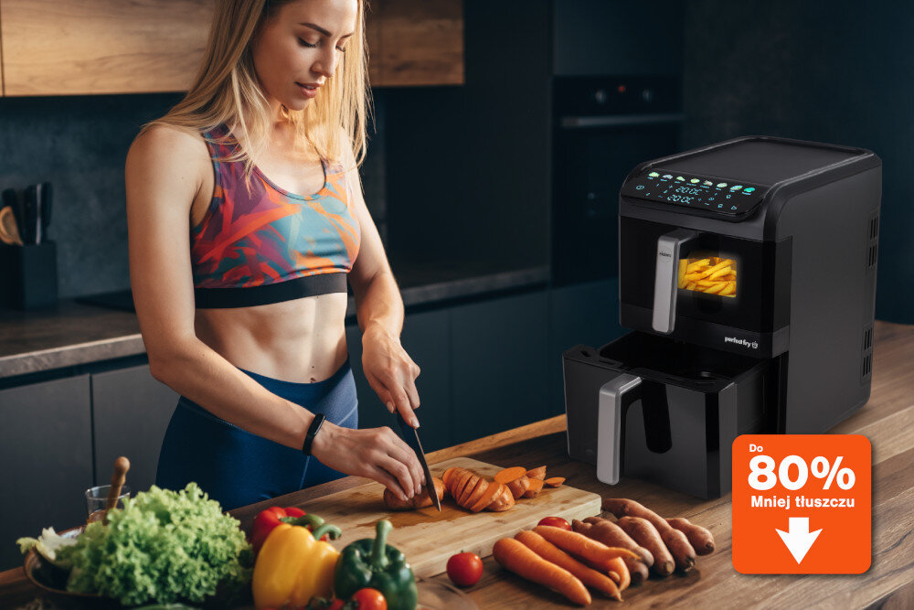 Air Fryer Frytkownica beztłuszczowa ELDOM FR300 10l z okienkiem do obserwacji postępów zdjęcie lifestyle Mało tłuszczu Technologia gorącego powietrza chrupiące z zewnątrz i soczyste w środku