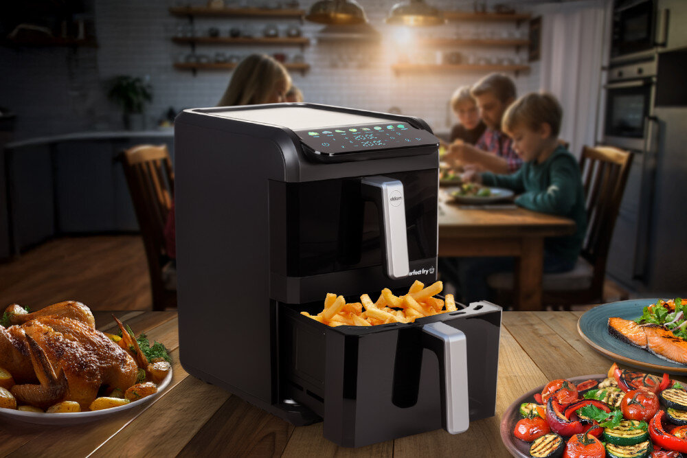 Air Fryer Frytkownica beztłuszczowa ELDOM FR300 10l z okienkiem do obserwacji postępów zdjęcie lifestyle Szeroki zakres temperatur Zakres temperatur od 80°C do 200°C ustawienia pomoc kontrola proces wygoda