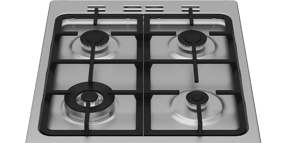 KUCHNIA BEKO FSMT51339DXDT wizualizacja ruszt palniki płyta od góry żeliwne ruszty stabilizacja naczyń trwałość wytrzymałość