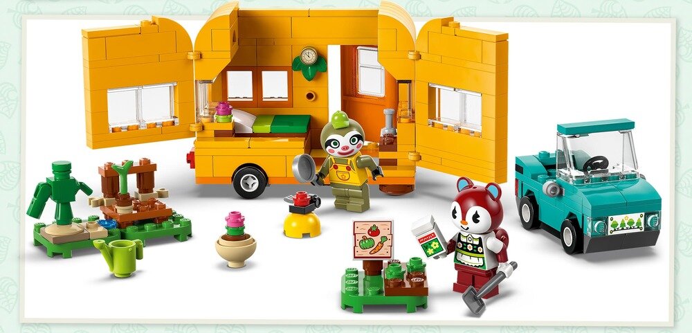 LEGO 77054 Animal Crossing Leif i jego karawan oraz sklep ogrodniczy  boki przyczepy otwierają się roślinki i nasiona
