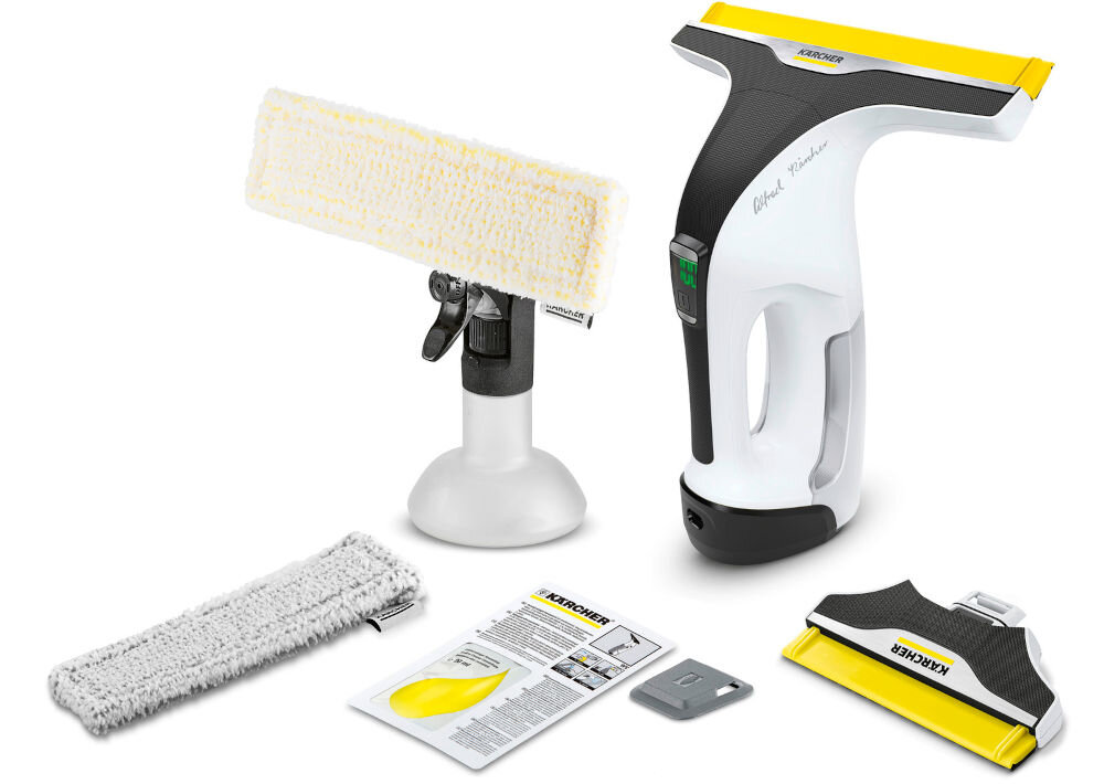 Na obrazie znajduje się zestaw myjki do okien, w skład którego wchodzą: urządzenie z logo KARCHER, wymienne końcówki, ściereczka, instrukcja oraz mały prostokątny element. Urządzenie ma biało-czarną obudowę z żółtymi akcentami.