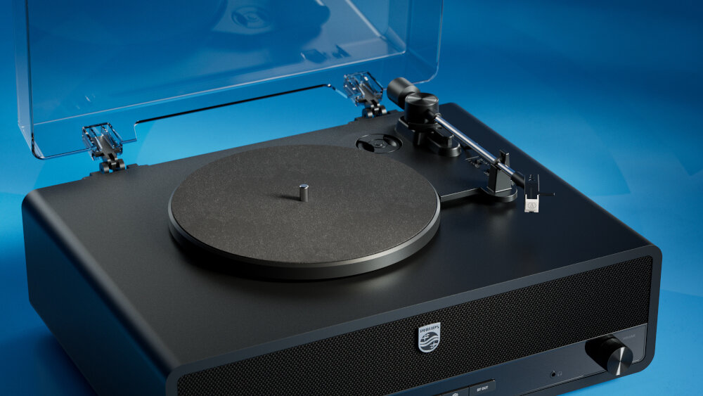 PHILIPS TAV3000B/10 gramofon napęd paskowy trzy prędkości obrotów, gramofon po skosie na niebieskim tle