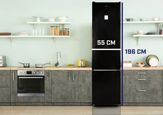 Lodówka MPM-311-FF-58 w zabudowie kuchennej z oznaczeniem jej poszczególnych wymiarów.