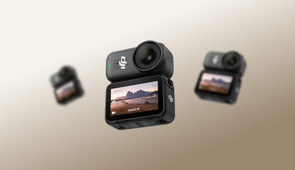 Kamera sportowa DJI Osmo Nano Kamera sportowa z obiektywem i ekranem unosząca się w powietrzu na jasnym tle, w tle rozmazane kolejne egzemplarze, wbudowana pamięć, standard przesyłania, prędkość