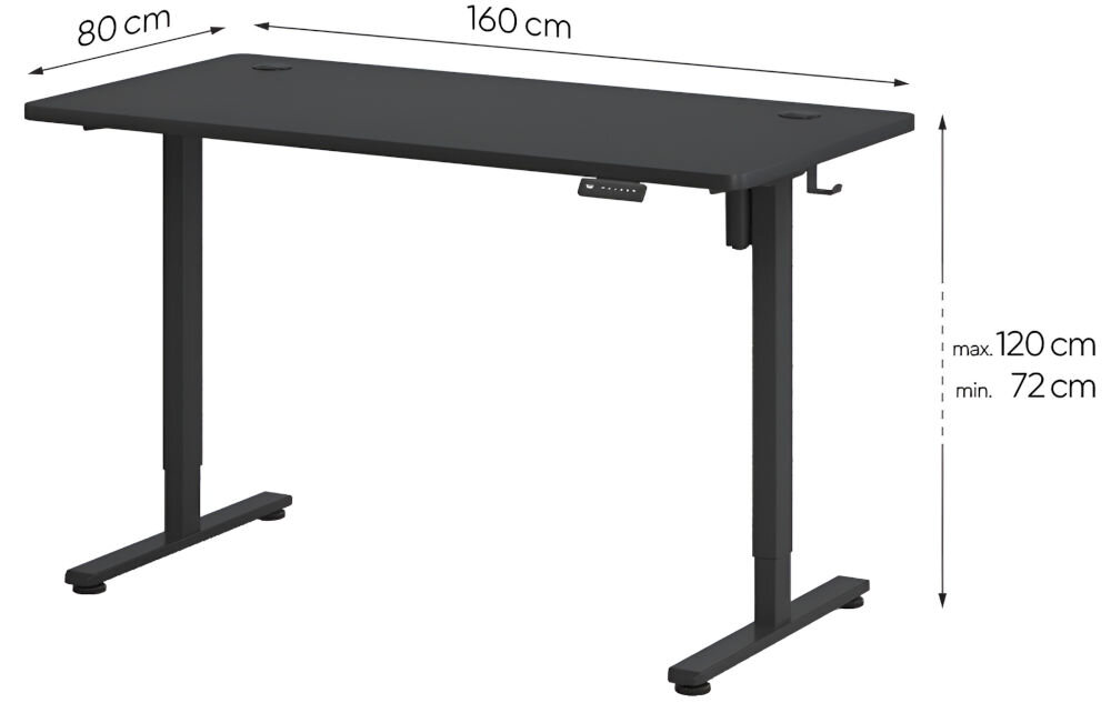 Biurko KENOKO Ibuki 160 x 80 cm Czarny prezentacja biurka na białym tle z wymiarami duże przestrzenie regulowana wysokość zakres dopasowanie biurka stabilność komfort użytkowania