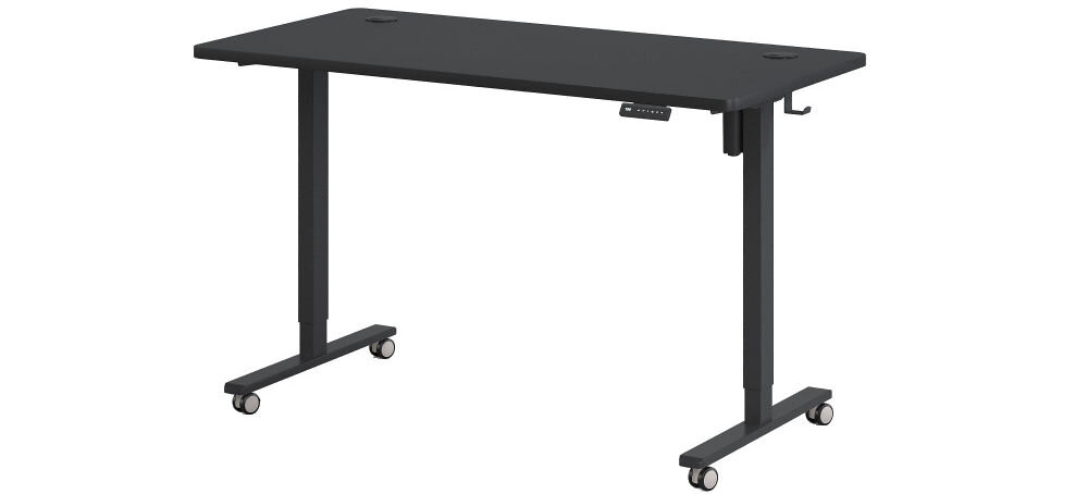 Biurko KENOKO Ibuki 160 x 80 cm Czarny prezentacja biurka z kółkami pod kątem na białym tle laminowana płyta wiórowa grubość ułatwienie transportu wymiary przelotki na kable porządek na blacie stabilna rama solidność konstrukcji