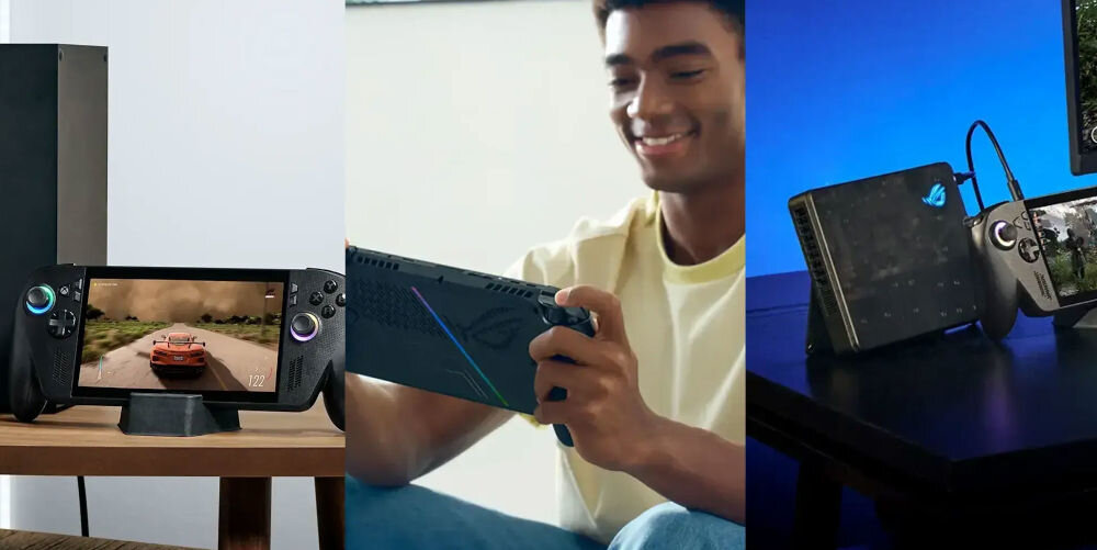 Konsola ASUS ROG Xbox Ally X RC73XA Czarny przedstawienie konsoli podczas użytkowania mężczyzna siedzący i grający na konsoli po bokach konsola na podestach pamięć 24GB LPDDR5 dysk SSD 1 TB szybkie ładowanie płynne działanie rozbudowa