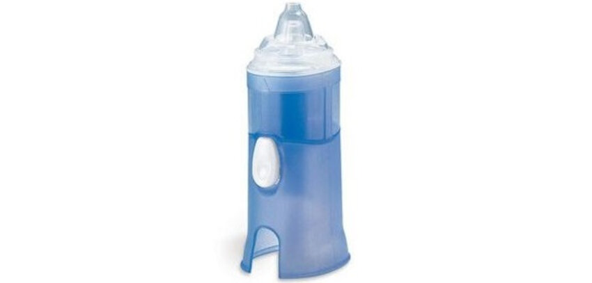 Nebulizator FLAEM NUOVA Rhino Clear Niebieski zastosowanie oczyszczanie zatok efekt leczenie gornych drog oddechowych niezyt nosa przeziebienie alergia katar wydajnosc srednica strumien oczyszcza zatoki FLAEM NUOVA Rhino Clear 3koncowki pomaga