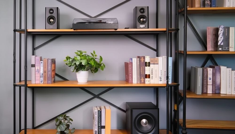 Na regale znajdują się dwie kolumny głośnikowe, gramofon, książki oraz rośliny w doniczkach. Na dolnej półce widoczny jest subwoofer.