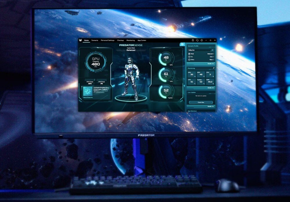 Na ekranie monitora widoczny jest interfejs oprogramowania z grafiką postaci i wskaźnikami GPU oraz innymi parametrami. W tle widać kosmiczny krajobraz z planetą i gwiazdami.