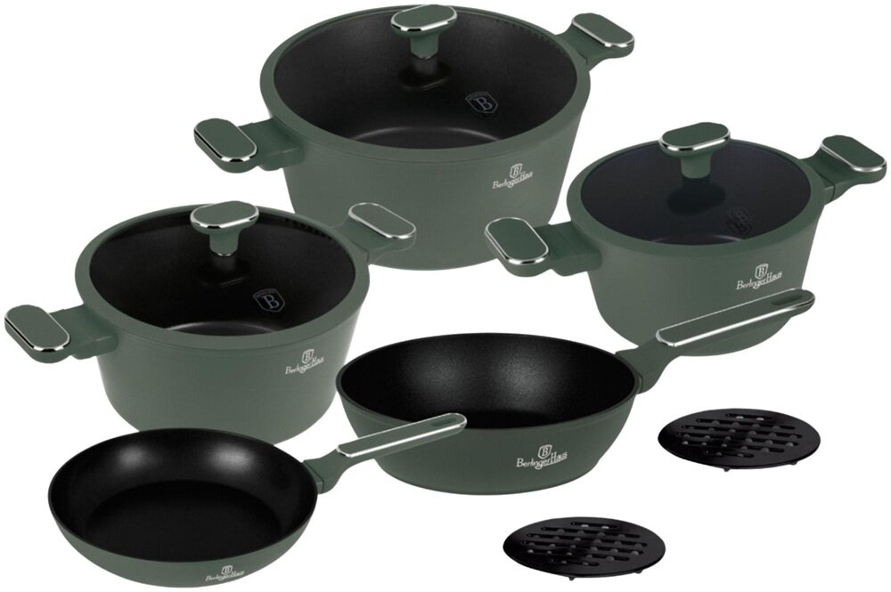 Zestaw patelni i garnków BERLINGER HAUS Matte Green Collection BH-8207 10 elementów minimalistyczny design, trwałość, wygodne uzytkowanie
