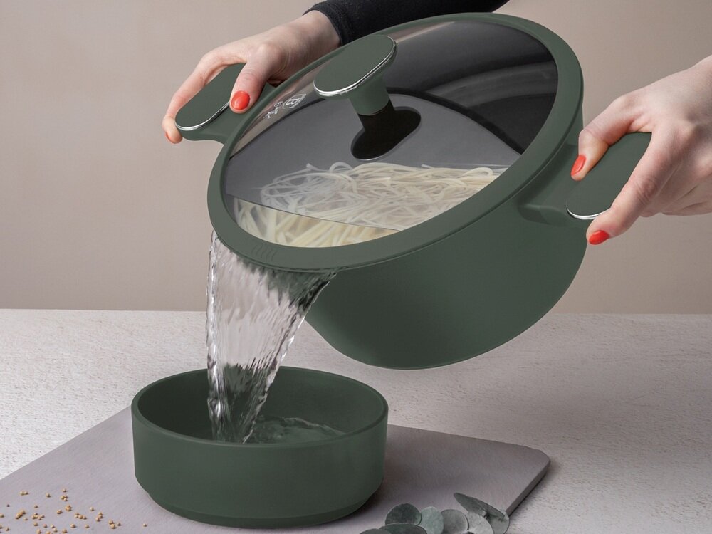 Zestaw patelni i garnków BERLINGER HAUS Matte Green Collection BH-8207 10 elementów szkło hartowane, otwór odprowadzający parę, funkcja cedzenia