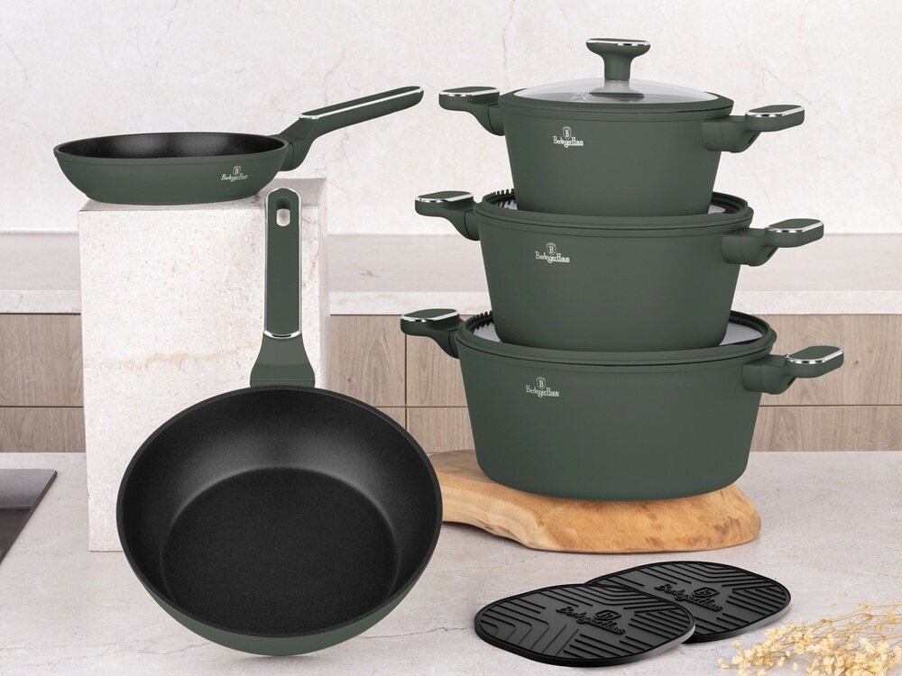 Zestaw patelni i garnków BERLINGER HAUS Matte Green Collection BH-8207 10 elementów materiały wolne od pfoa, bezpieczny kontak z zywnocią, łatwe utrzymanie czystości