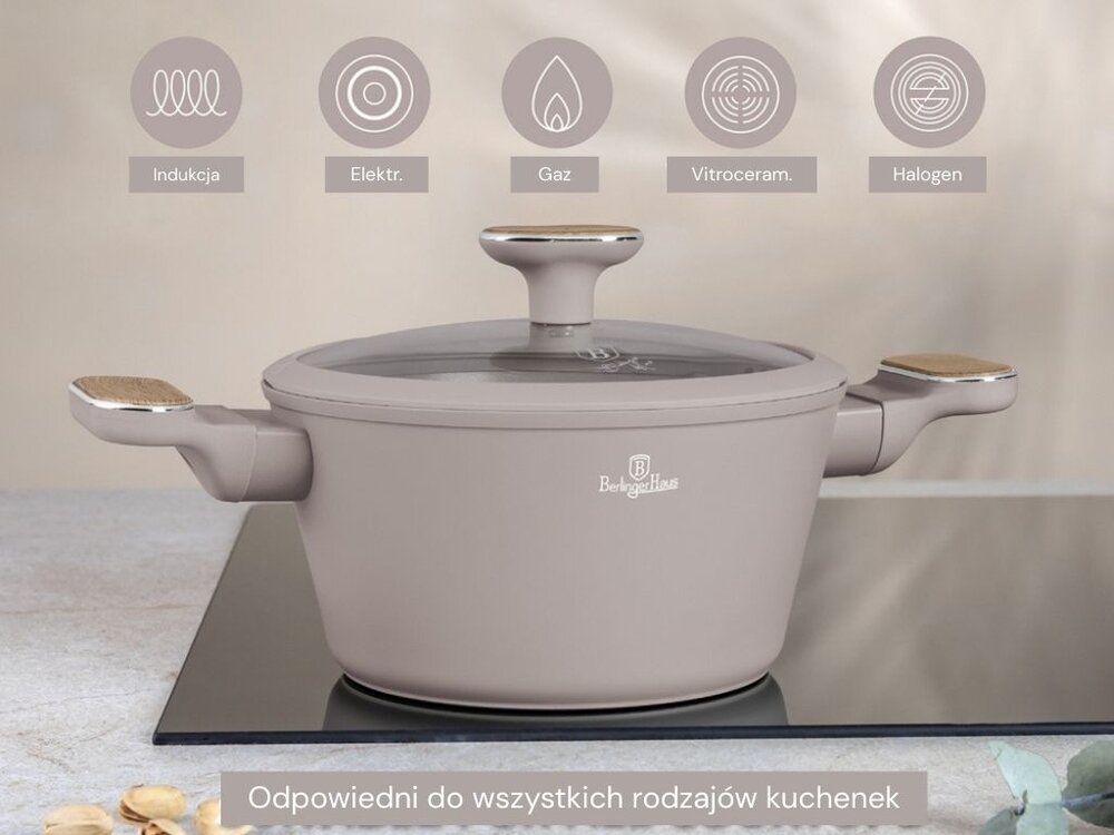 Na obrazie widoczny jest garnek z pokrywką w kolorze taupe, z logo Berlinger Haus. Nad garnkiem znajdują się ikony z napisami: Indukcja, Elektr., Gaz, Vitroceram., Halogen, a poniżej tekst: Odpowiedni do wszystkich rodzajów kuchenek.