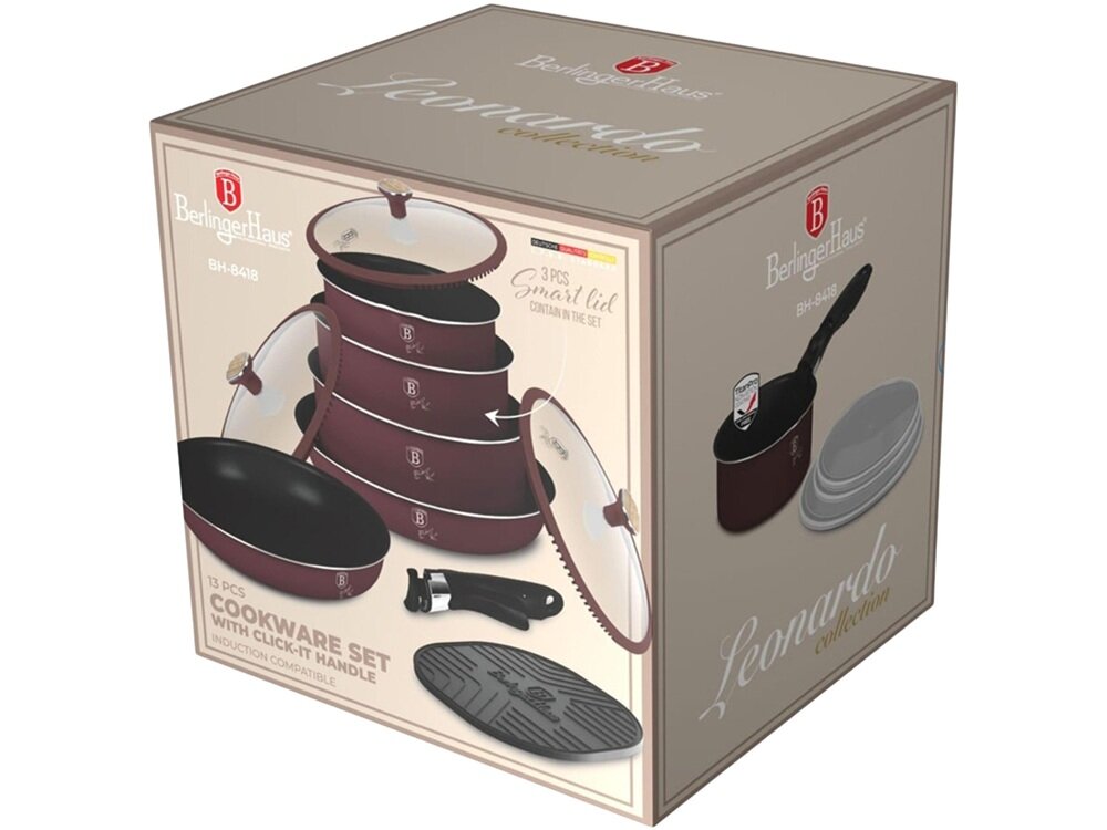Zestaw patelni i garnków BERLINGER HAUS Leonardo Nordic BH-8418 13 elementów elegancki minimalizm, stl i funkcjonalność, podkreśla estetykę kuchni