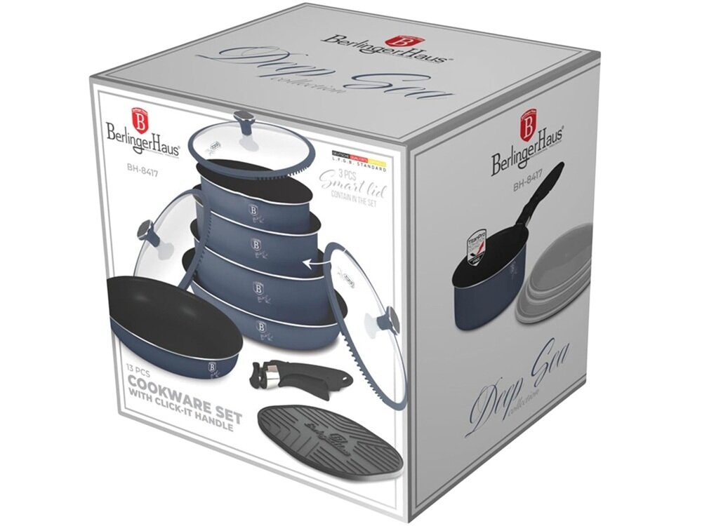 Zestaw patelni i garnków BERLINGER HAUS Deep Sea BH-8417 13 elementów elegancki minimalizm, stl i funkcjonalność, podkreśla estetykę kuchni