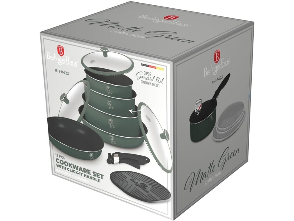 Zestaw patelni i garnków BERLINGER HAUS Matte Green Collection BH-8423 13 elementów elegancki minimalizm, stl i funkcjonalność, podkreśla estetykę kuchni