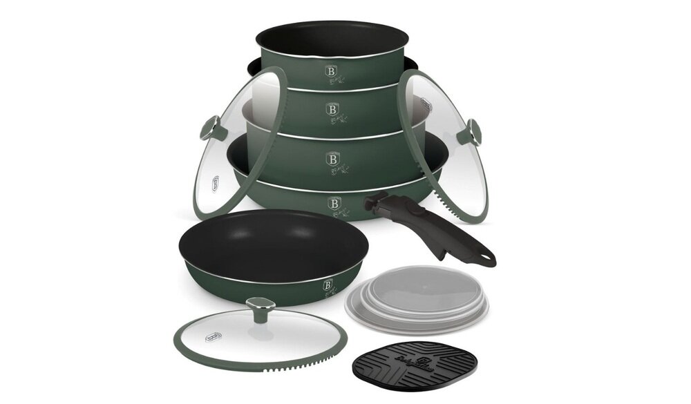 Zestaw patelni i garnków BERLINGER HAUS Matte Green Collection BH-8423 13 elementów odpinany uchwyt, szybkie i stabilne mocowanhie, można używać w piekarniku