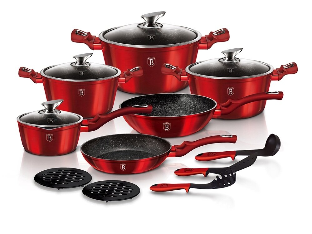 Zestaw garnków BERLINGER HAUS Metallic Burgundy BH-1226NN 15 elementów 3-warstwowa powłoka nieprzywierająca, ółatwiejsze czyszczenie, gotowanie z minimalną ilością oleju
