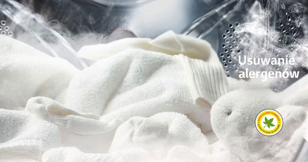 Pralka LG MF4W1072YW para wnętrze bębna biała tkanina grafika logo liść parowe Steam eliminacja alergenów roztoczy kurzu bakterii higieniczne pranie