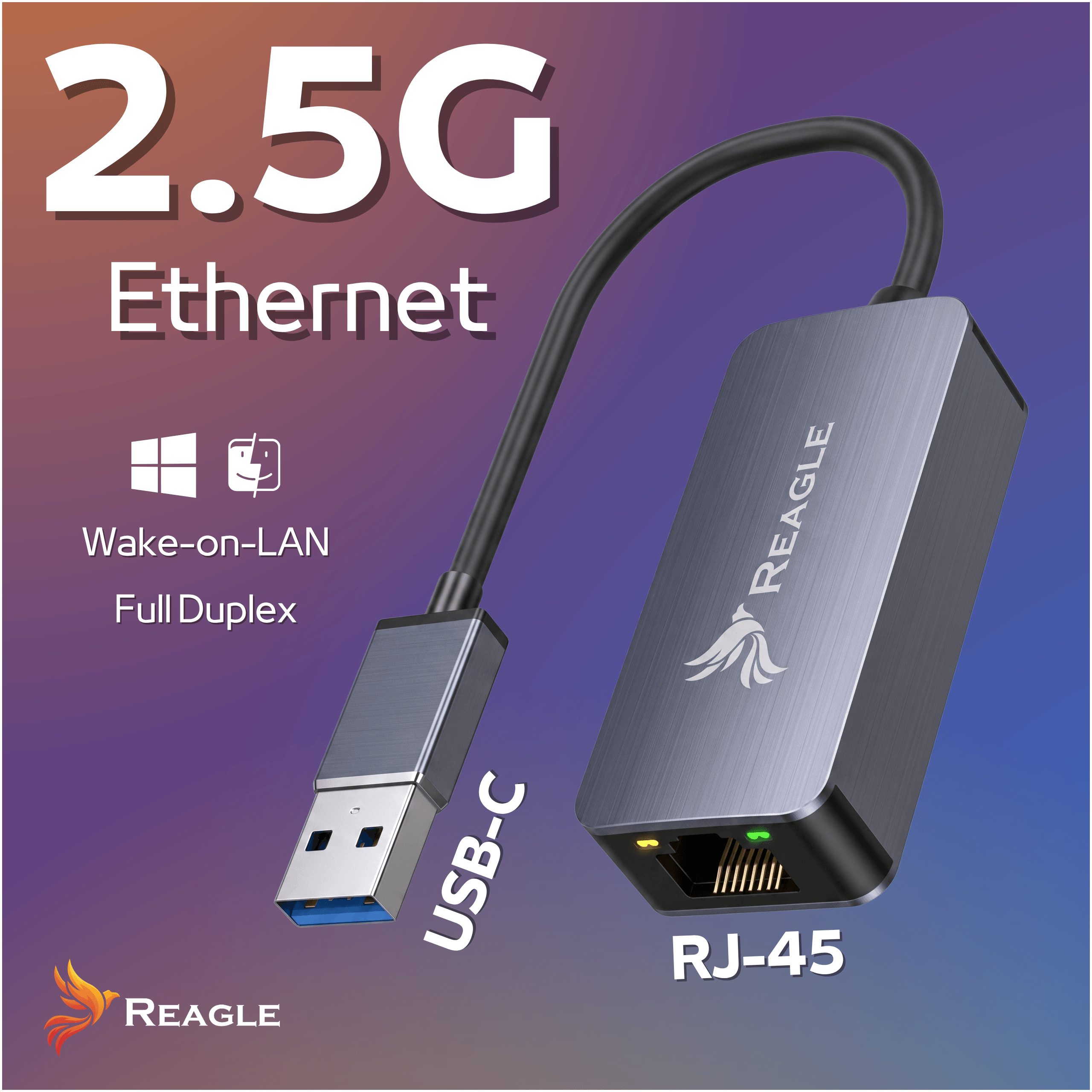 Obraz przedstawia adapter sieciowy z napisem \'REAGLE\' na obudowie, z jednym końcem USB-C i drugim RJ-45. Na tle widnieje tekst: \'2.5G Ethernet\', \'Wake-on-LAN\', \'Full Duplex\', oraz logo Reagle.