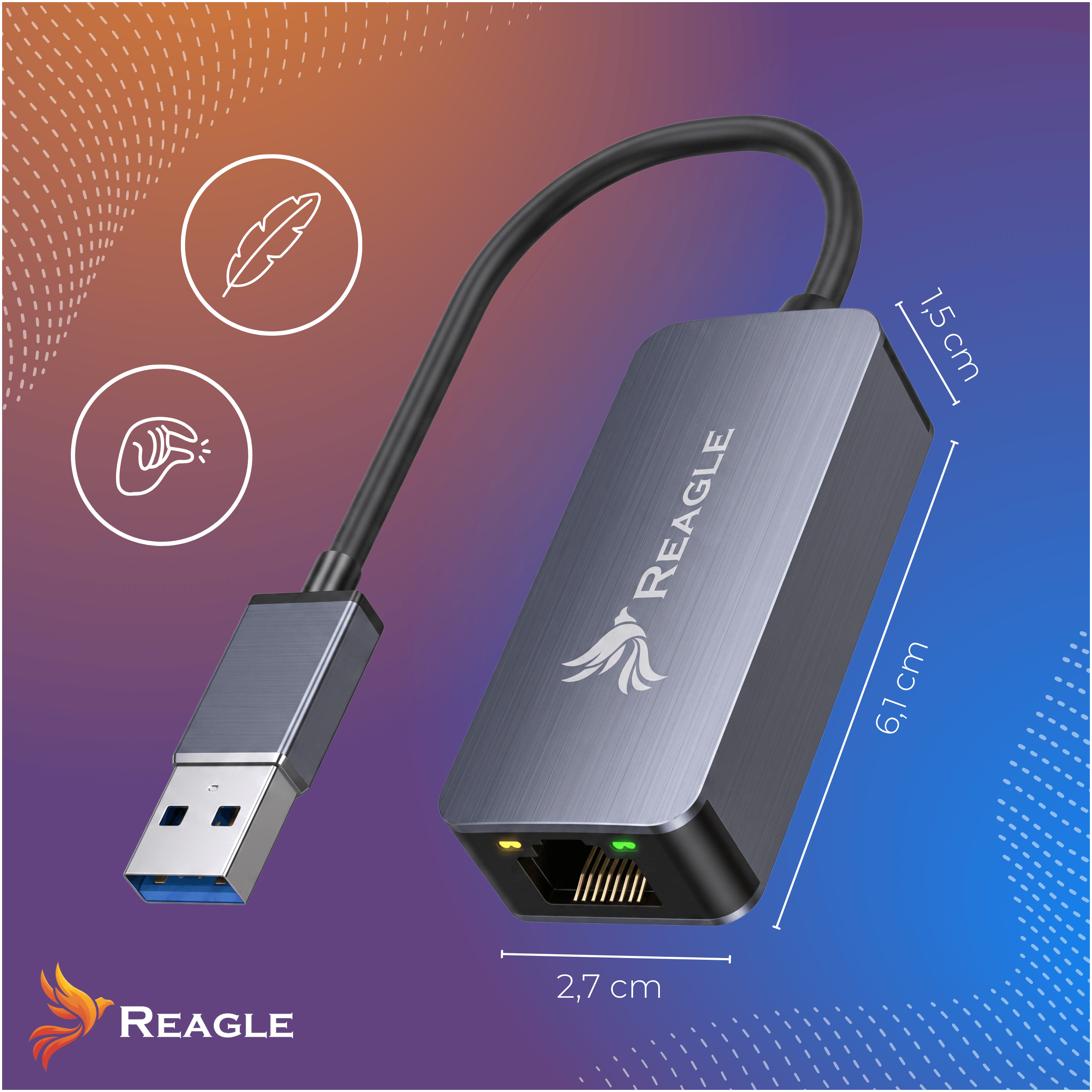 Na obrazie widoczny jest srebrny adapter USB z logo Reagle, z oznaczeniami wymiarów: 6,1 cm długości, 2,7 cm szerokości i 1,5 cm wysokości. Tło jest gradientowe w odcieniach pomarańczowo-niebieskich z ikonami pióra i dłoni oraz logo Reagle w lewym dolnym rogu.