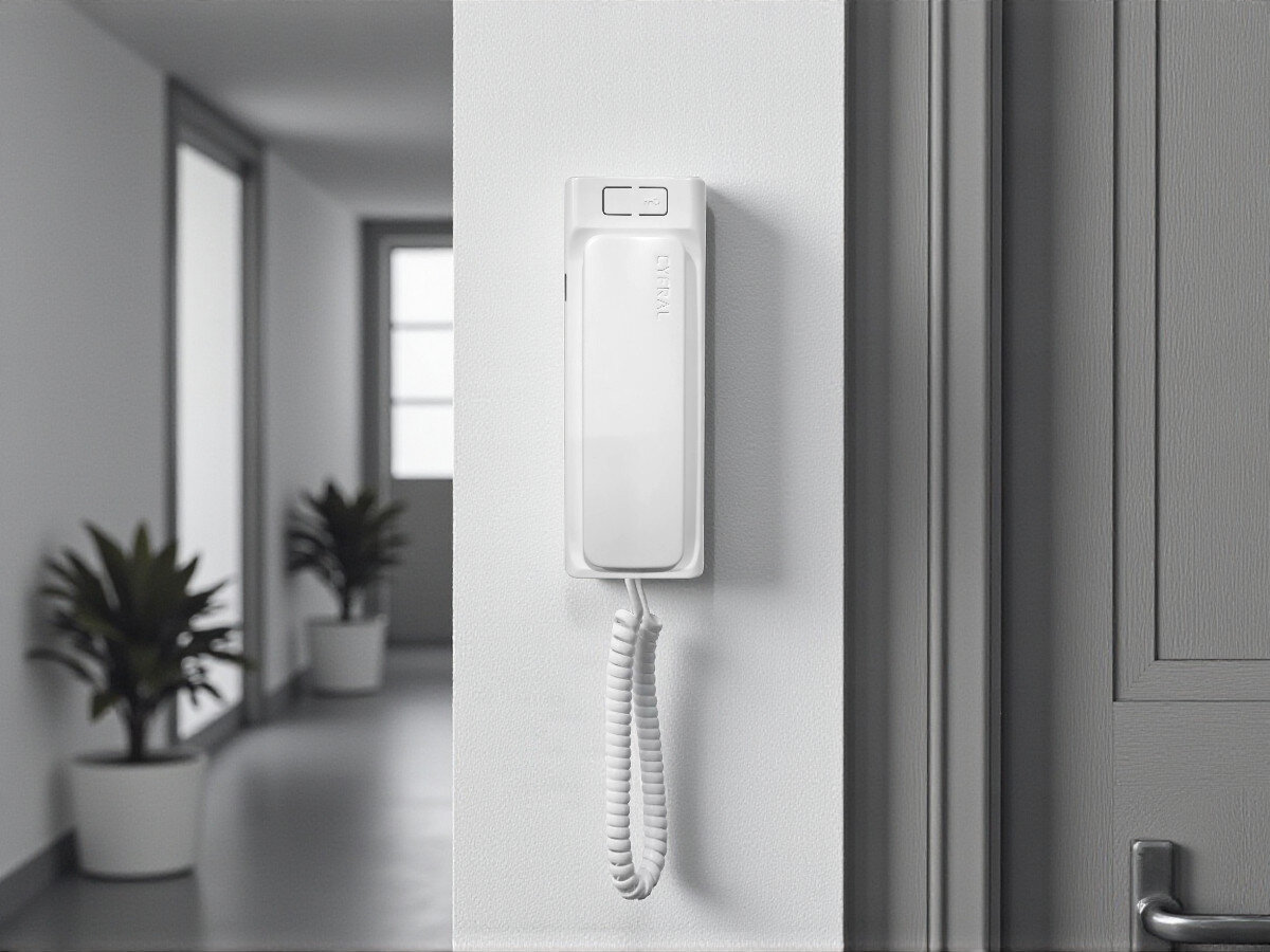 Unifon CYFRAL Baltic-D Biały, słuchawka, kontakt, odbieranie, wejście, CYFRAL Baltic-D biały zamontowany w jasnym korytarzu, doniczki z roślinami w tle, wyraźny panel.