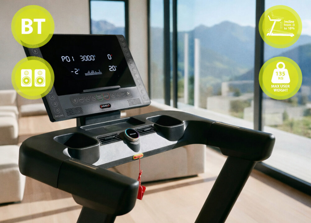 Bieżnia elektryczna HMS TERRUN350 1305W 22 km-h zbliżenie na wyświetlacz technologia Bluetooth kompatybilność z aplikacjami Kinomap, Zwift i FitShow synchronizacja danych i kompatybilność z zegarkami sportowymi trening interaktywny, angażujący i przyjemny