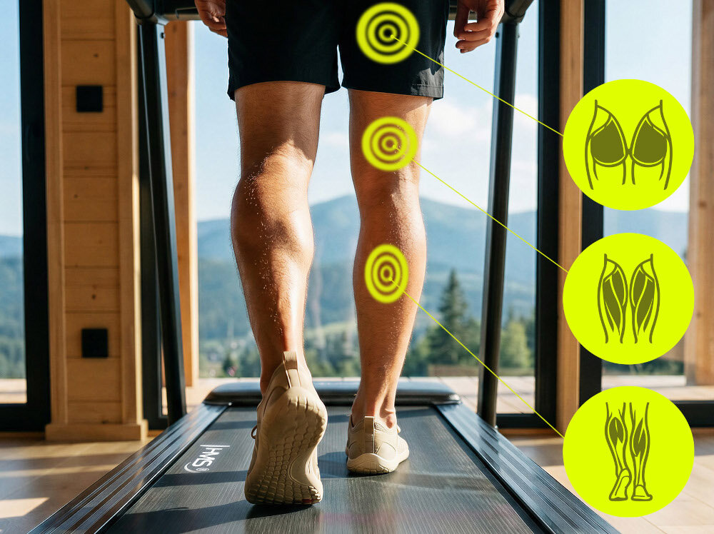 Bieżnia elektryczna HMS TERRUN350 1305W 22 km-h dom pokój osoba korzysta z bieżni w tle duże okno zbliżenie na pas biegowy 26 programów wbudowanych 5 programów użytkownika 3 kontroli tętna motywacja komfort i regularność funkcja kontroli tętna dba o bezpieczeństwo serca