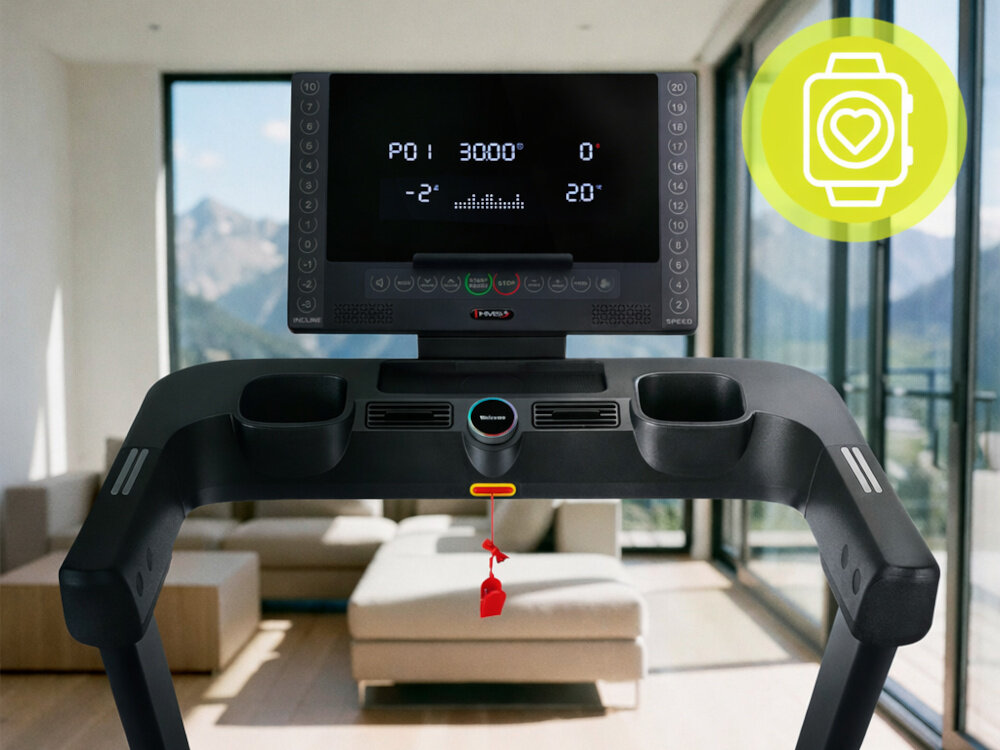 Bieżnia elektryczna HMS TERRUN350 1305W 22 km-h zbliżenie na wyświetlacz wbudowany głośnik Bluetooth port USB-A podwójny wentylator uchwyty na tablet i bidony sterowanie pokrętłem wentylator dba o świeżość podczas biegu intuicyjna obsługa