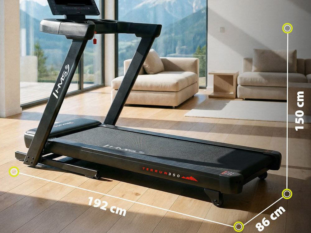 Bieżnia elektryczna HMS TERRUN350 1305W 22 km-h dom pokój bieżnia stoi na podłodze wokół podane wymiary zintegrowany pas biegowy o wymiarach 154 × 51 cm systemem tłumienia wstrząsów grubość 2,5 mm miękki, płynny krok