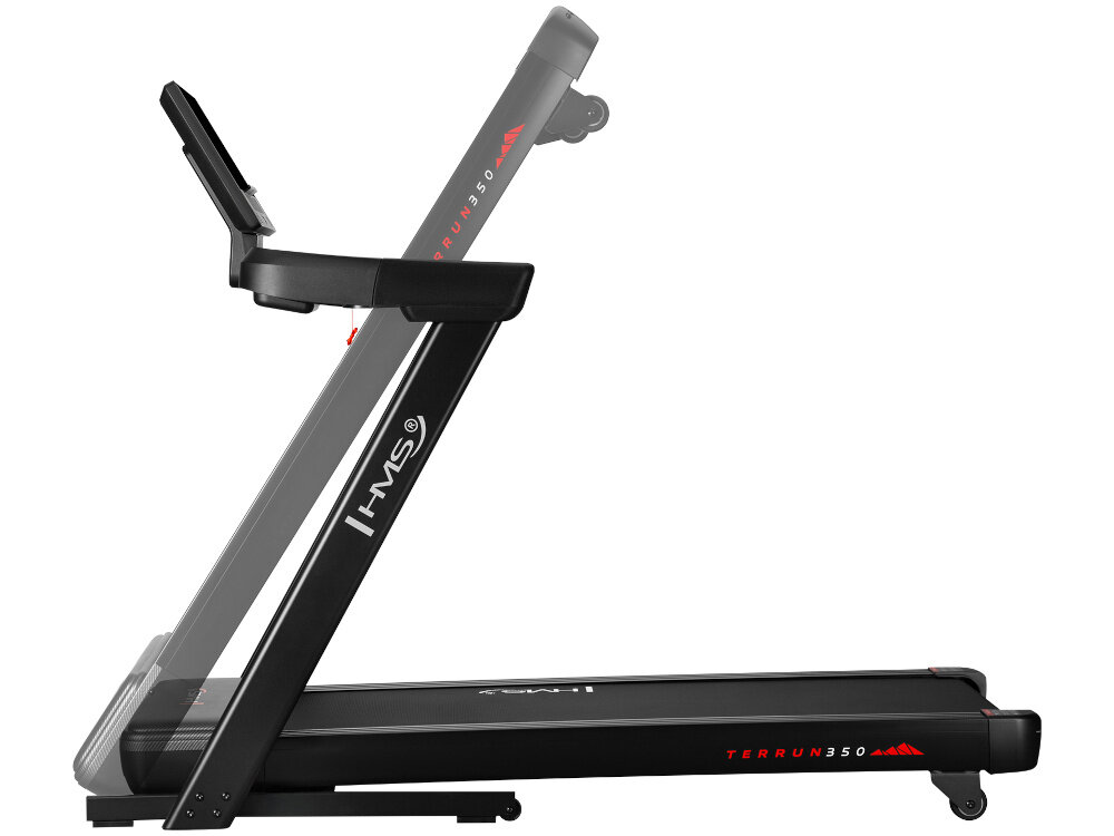 Bieżnia elektryczna HMS TERRUN350 1305W 22 km-h bieżnia na białym tle symulacja możliwości złożenia klucz bezpieczeństwa przypomnienie o smarowaniu po 300 km pneumatyczne składanie jednym przyciskiem rozłożona 192 × 86 × 150 cm złożona 102 × 86 × 170 cm silnik o mocy 1,75 HP szczyt 3,5 HP maksymalna waga użytkownika do 135 kg