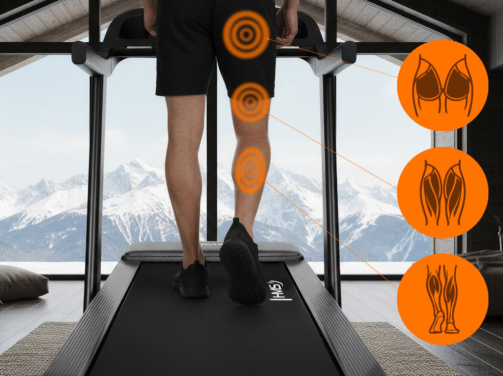 Bieżnia elektryczna HMS TERRUN275 932W 16 km-h Mężczyzna chodzi na bieżni Terrun marki HMS, pokazuje wysiłek w użyciu partii mięśni trening regularny komfortowy bez kompromisów prywatna strefę cardio sylwetka kondycja i samopoczucie obciążenie do 135 kg