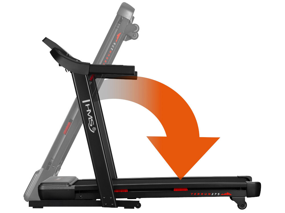 Bieżnia elektryczna HMS TERRUN275 932W 16 km-h z możliwością składania pneumatycznego pneumatyczny system składania wymiary po złożeniu 82 x 146 x 93 cm klucz bezpieczeństwa funkcję przypomnienia o smarowaniu po 300 km zakres prędkości od 1 do 16 km/h silnik o mocy stałej 1.25 HP moc szczytowa 2.75 HP