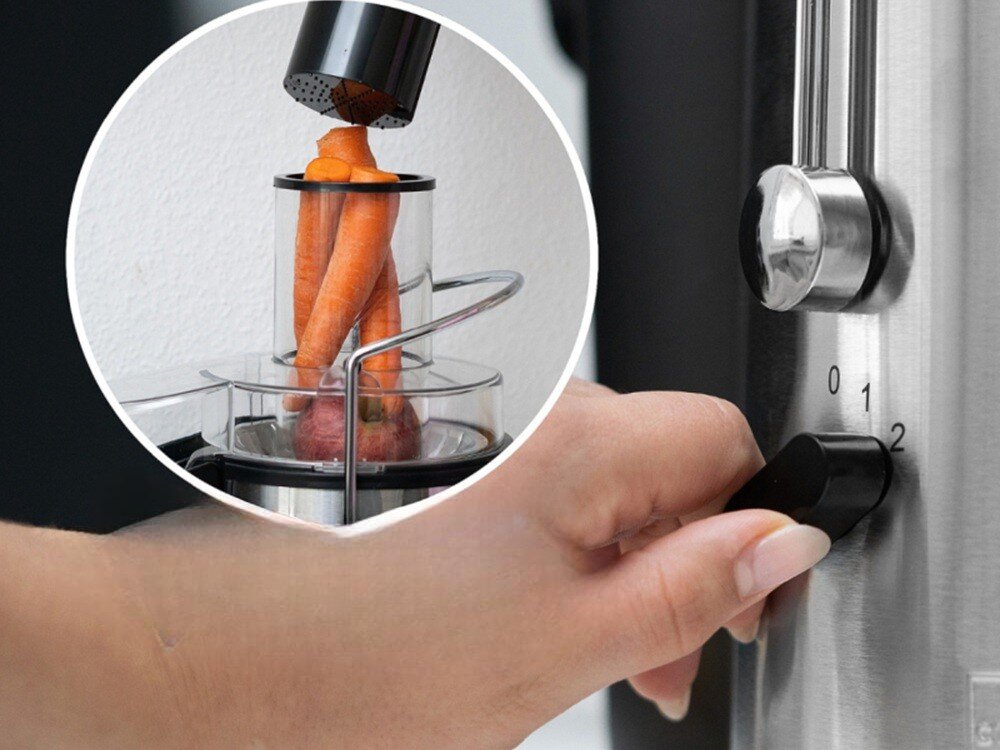 Sokowirówka CLATRONIC AE 3666 dwa poziomy prędkości, do miękkich i twardych owoców, lepsza wydajność, więcej soku