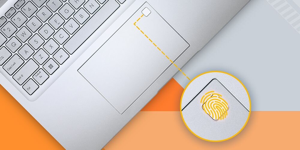 Laptop ASUS VivoBook 16 z czytnikiem linii papilarnych umieszczonym w rogu touchpada pokazany na pomarańczowym tle – Szybkie logowanie