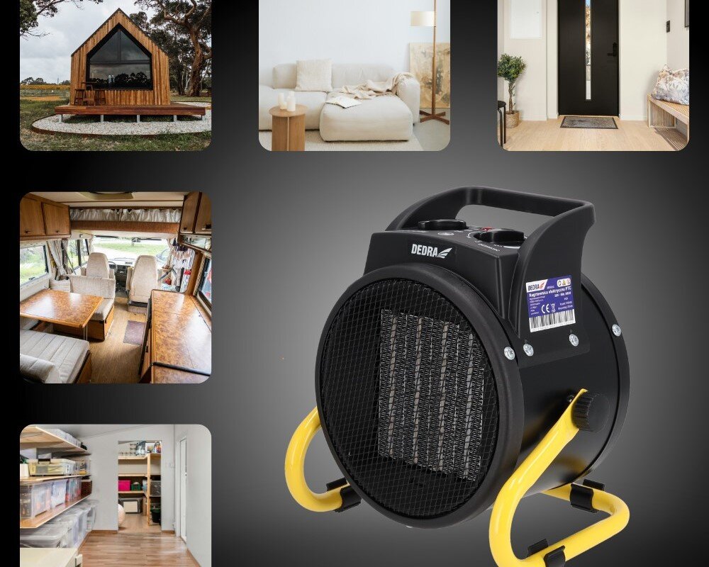 Nagrzewnica elektryczna DEDRA DED9930C, PTC, technologia, ciepło, ogrzewanie, Dedra DED9930C na czarnym tle, ikony zastosowań – domek, salon, wejście, kamper, schowek.