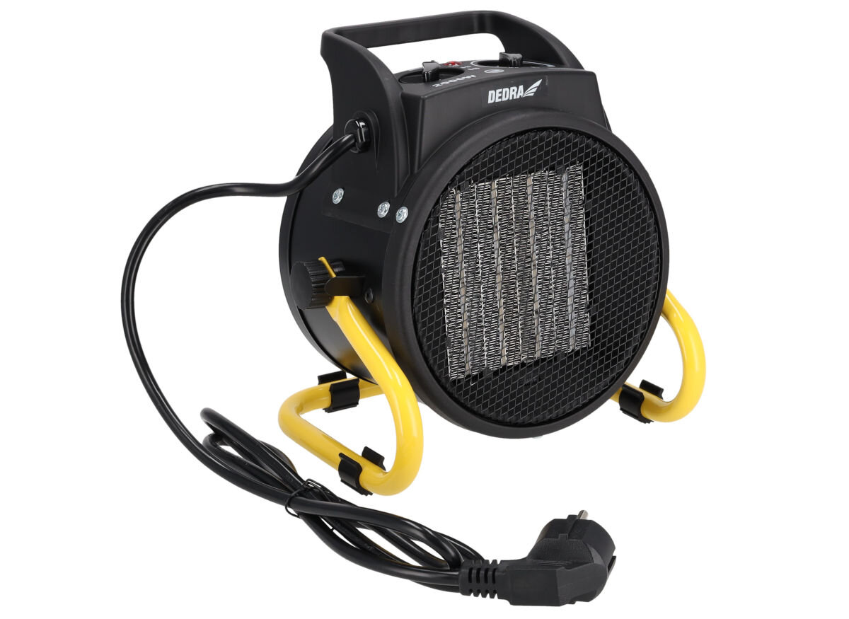Nagrzewnica elektryczna DEDRA DED9930C, ceramika, natychmiast, komfort, dodatkowo,  Nagrzewnica DEDRA DED9930C z przewodem, widok z boku, czarna obudowa, żółta rama.
